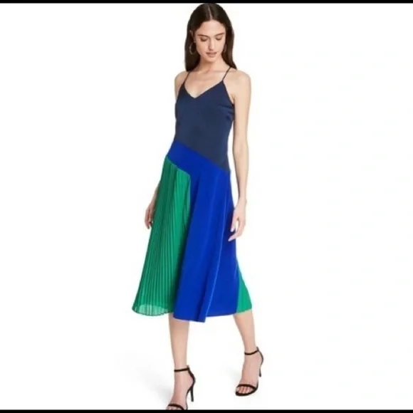 NWT Cushnie Pleated Slip Dress Navy Green - Picture 1 of 6